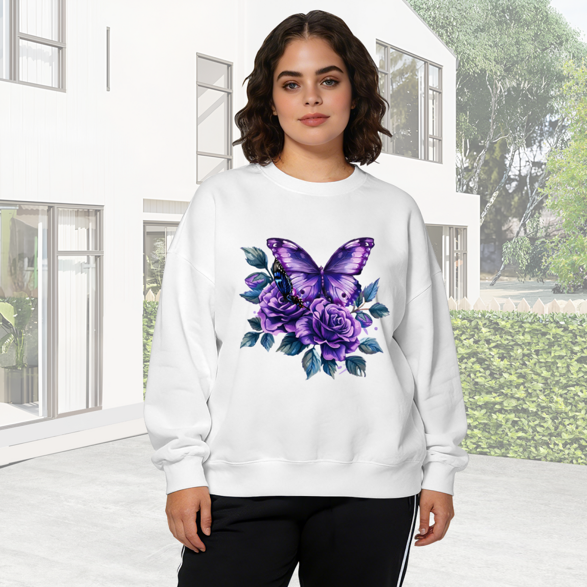 Purple Butterfly & Purple Roses Art Print Crewneck Sweatshirt