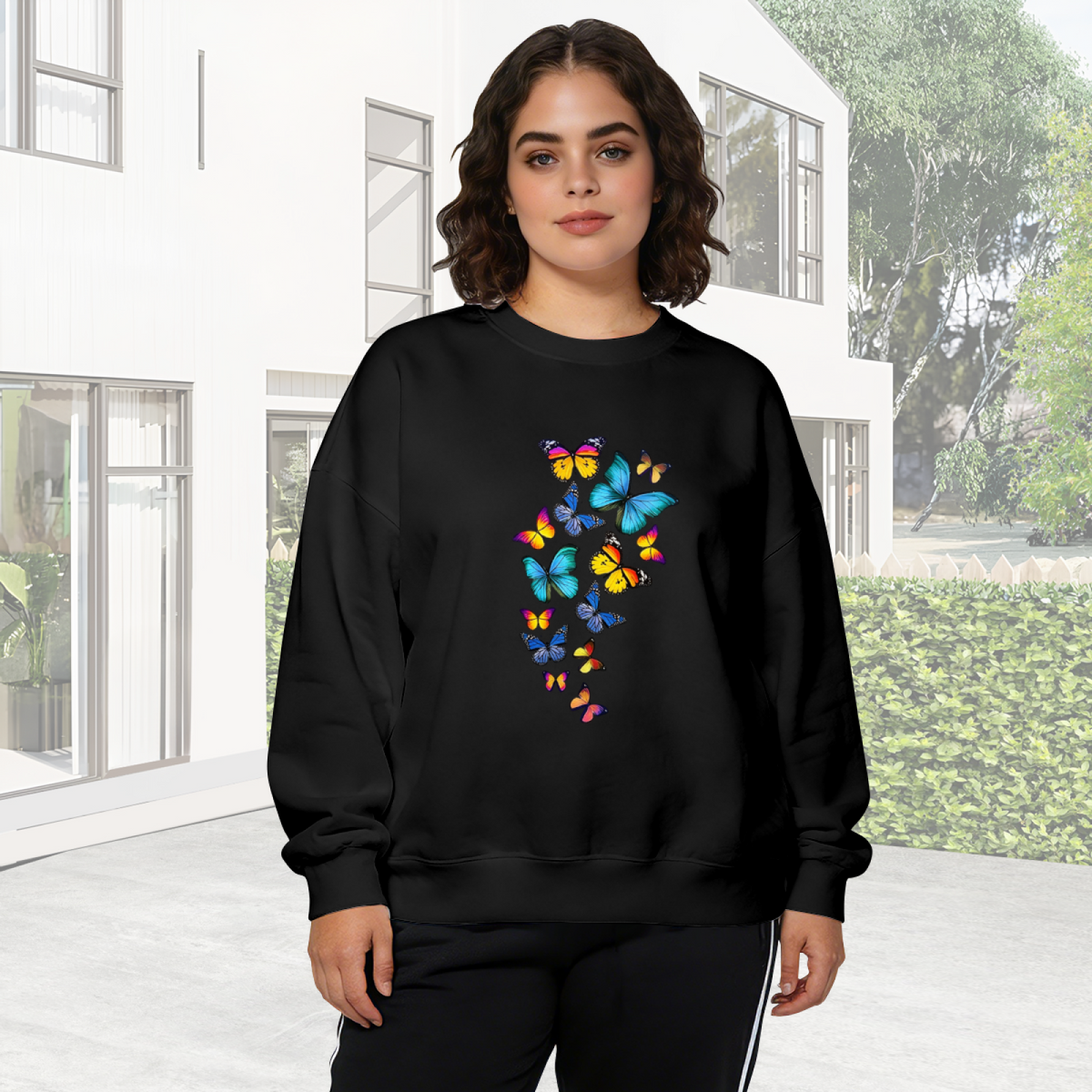 Vibrant Rainbow Cluster Butterflies Dark Background Crewneck Sweatshirt