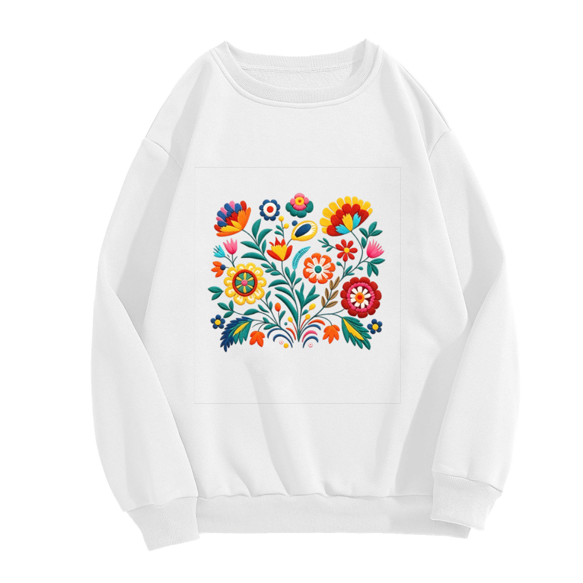 Colorful Folk Floral Embroidery?Style Crewneck Sweatshirt