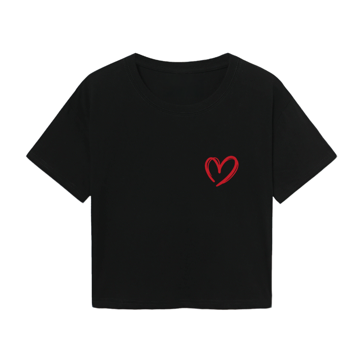 Simple Black Crop Top With Tiny Hand-Drawn Red Heart On Chest