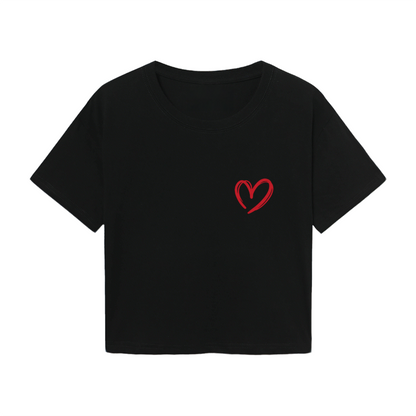 Simple Black Crop Top With Tiny Hand-Drawn Red Heart On Chest