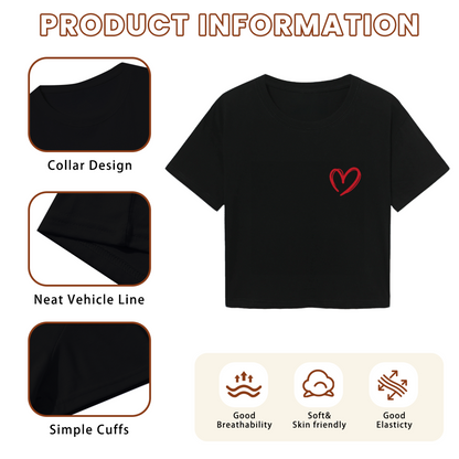 Simple Black Crop Top With Tiny Hand-Drawn Red Heart On Chest