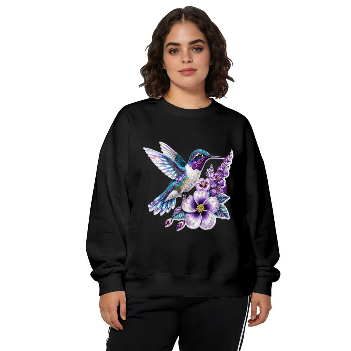 Shimmering Purple?Blue Hummingbird Floral Graphic Crewneck Sweatshirt
