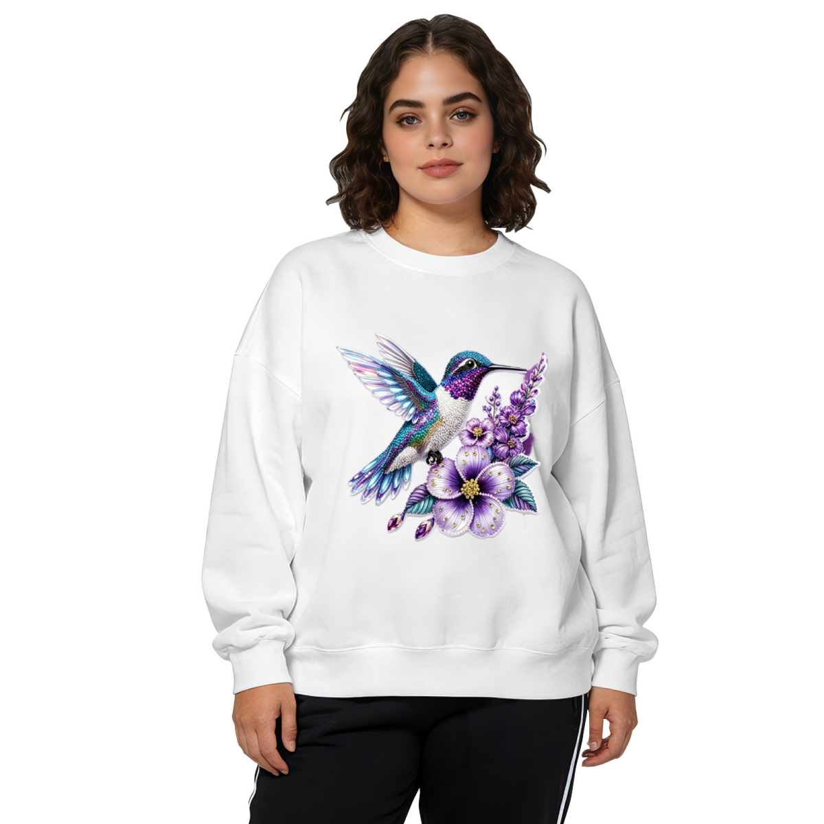 Shimmering Purple?Blue Hummingbird Floral Graphic Crewneck Sweatshirt