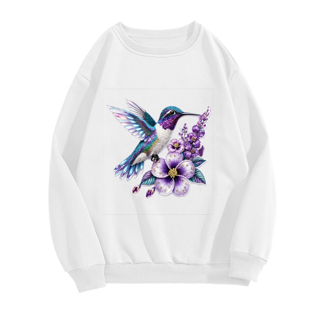 Shimmering Purple?Blue Hummingbird Floral Graphic Crewneck Sweatshirt