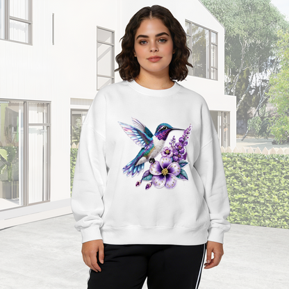 Shimmering Purple?Blue Hummingbird Floral Graphic Crewneck Sweatshirt