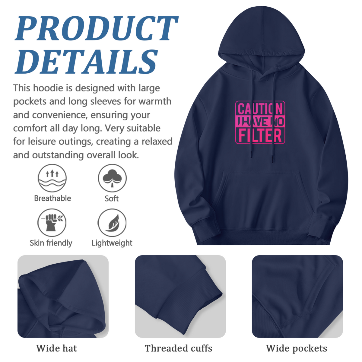 Caution I Have No Filter Slogan Trendy Hoodie
