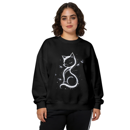Dreamy Sketch Cat With Butterflies Graphic Crewneck Sweatshirt