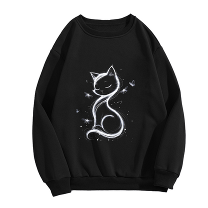Dreamy Sketch Cat With Butterflies Graphic Crewneck Sweatshirt