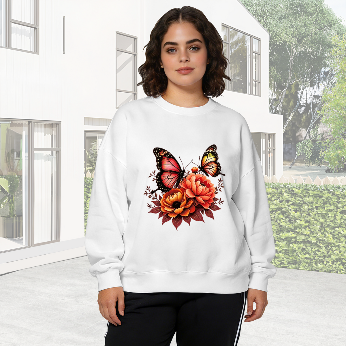 Warm?Tone Butterfly & Peony Floral Art Crewneck Sweatshirt