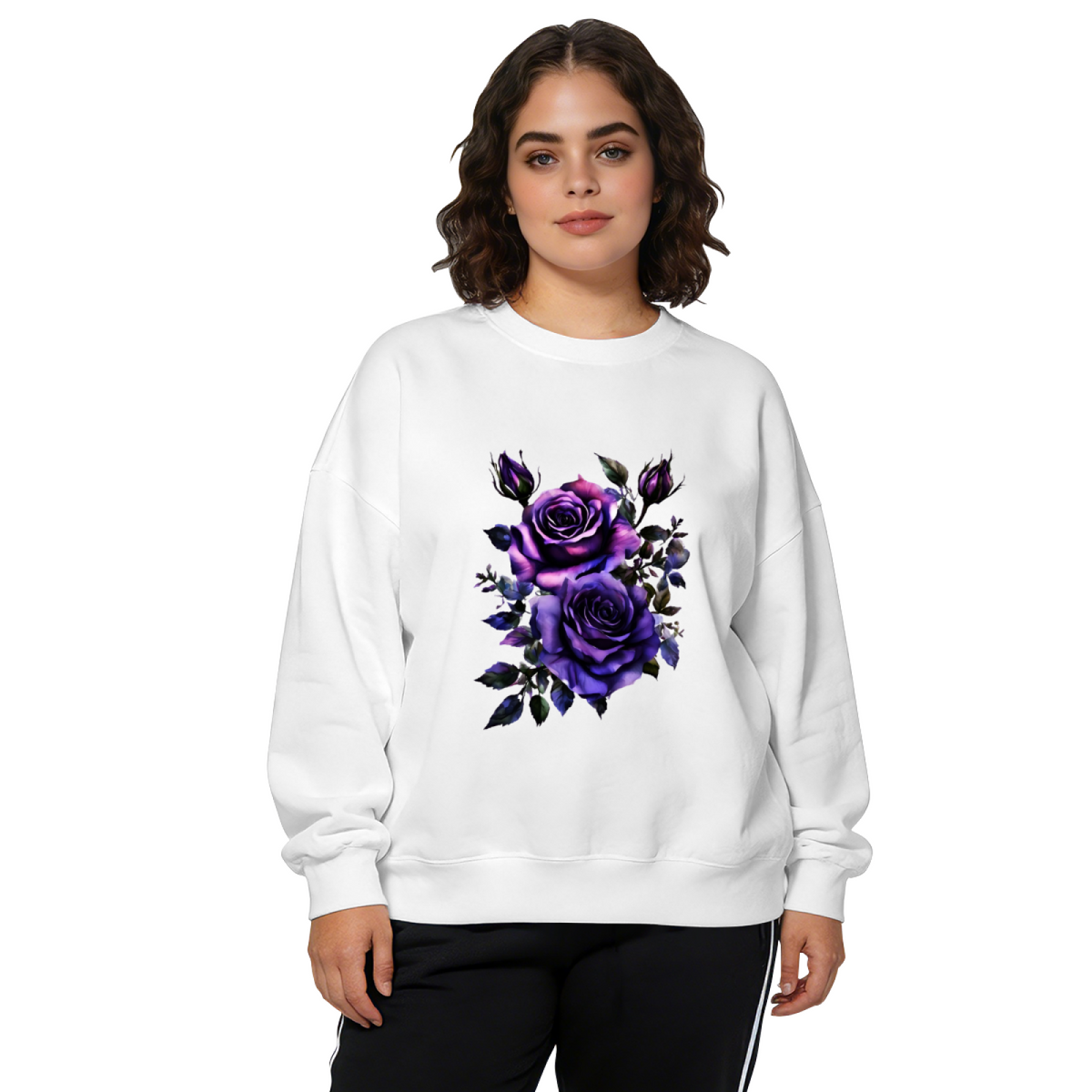 Dreamy Dark Purple Watercolor Roses Graphic Crewneck Sweatshirt
