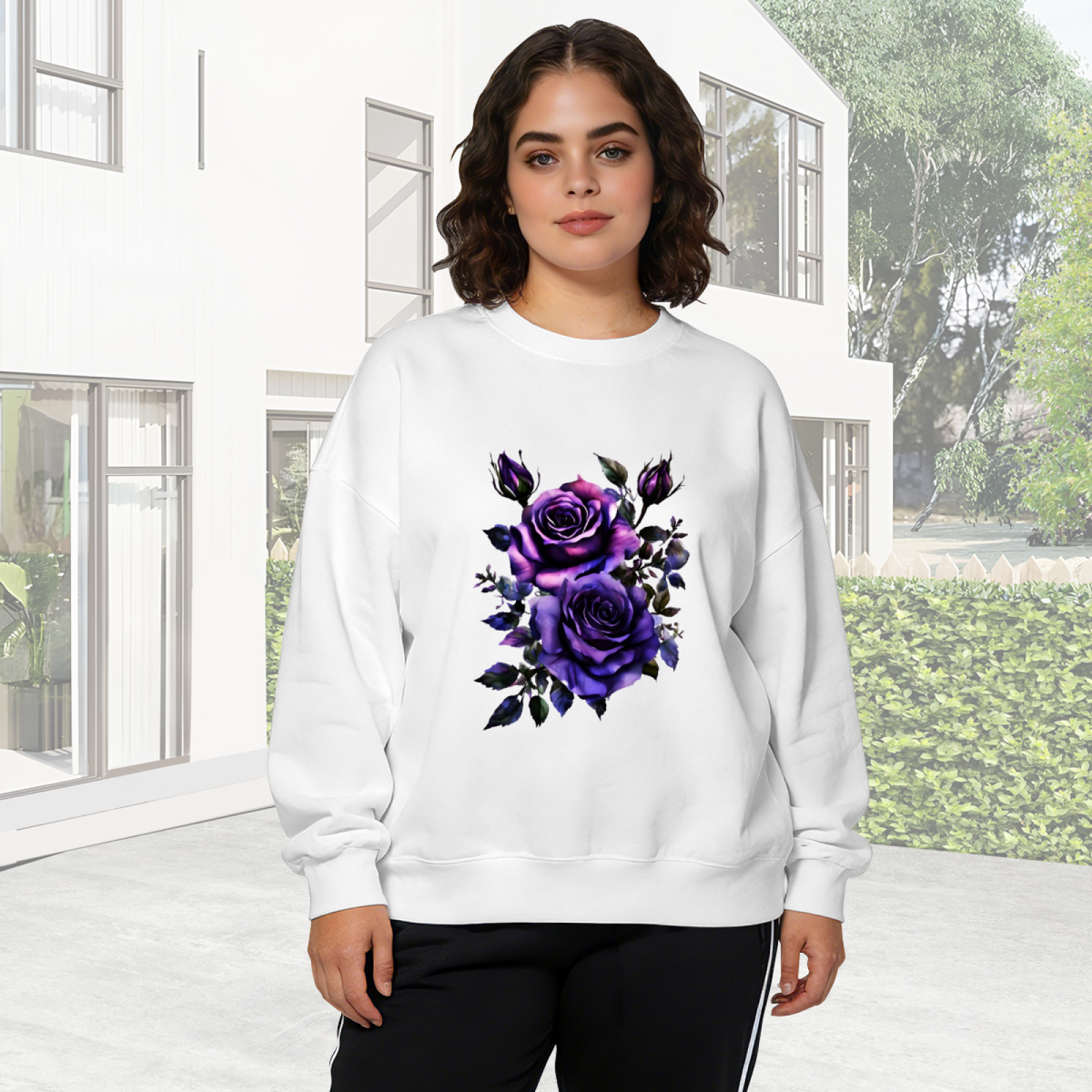 Dreamy Dark Purple Watercolor Roses Graphic Crewneck Sweatshirt