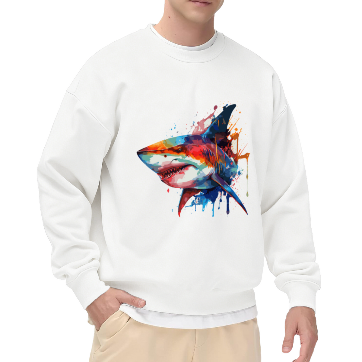 Vibrant Splash?Art Great White Shark Cool Animal Crewneck Sweatshirt