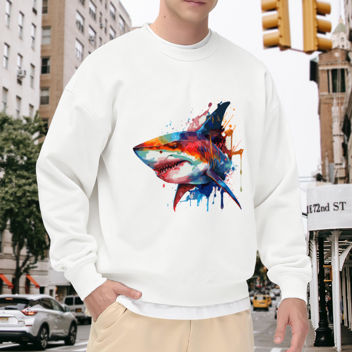 Vibrant Splash?Art Great White Shark Cool Animal Crewneck Sweatshirt