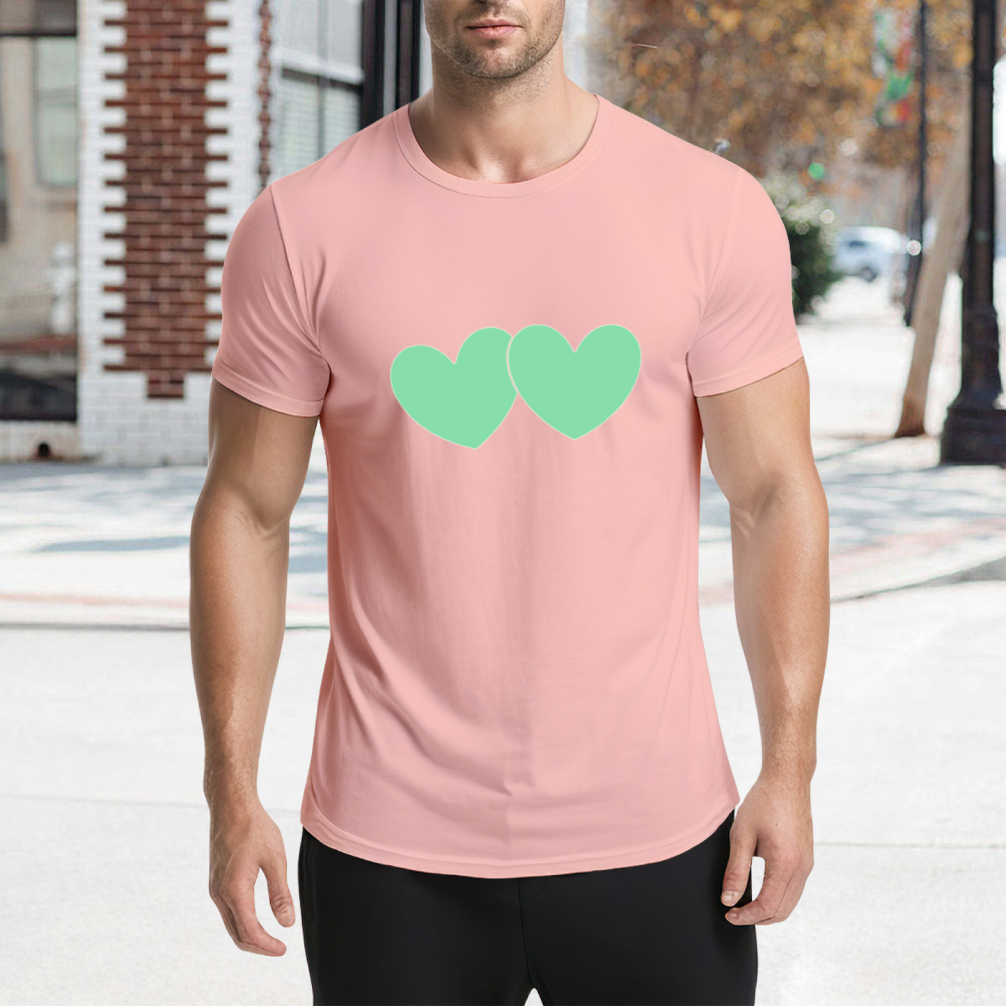 Simple Mint Twin Hearts Soft Pink Cute Couple Tee
