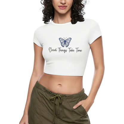 Blue Butterfly Good Things Take Time White Crop Top