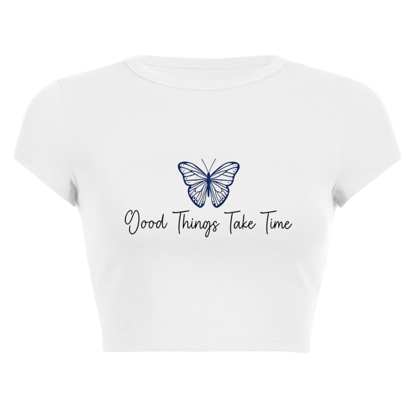 Blue Butterfly Good Things Take Time White Crop Top