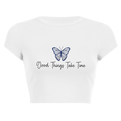 Blue Butterfly Good Things Take Time White Crop Top