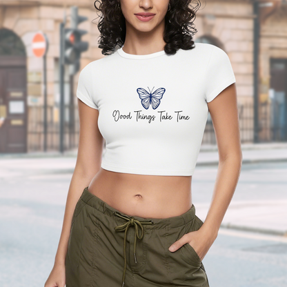 Blue Butterfly Good Things Take Time White Crop Top
