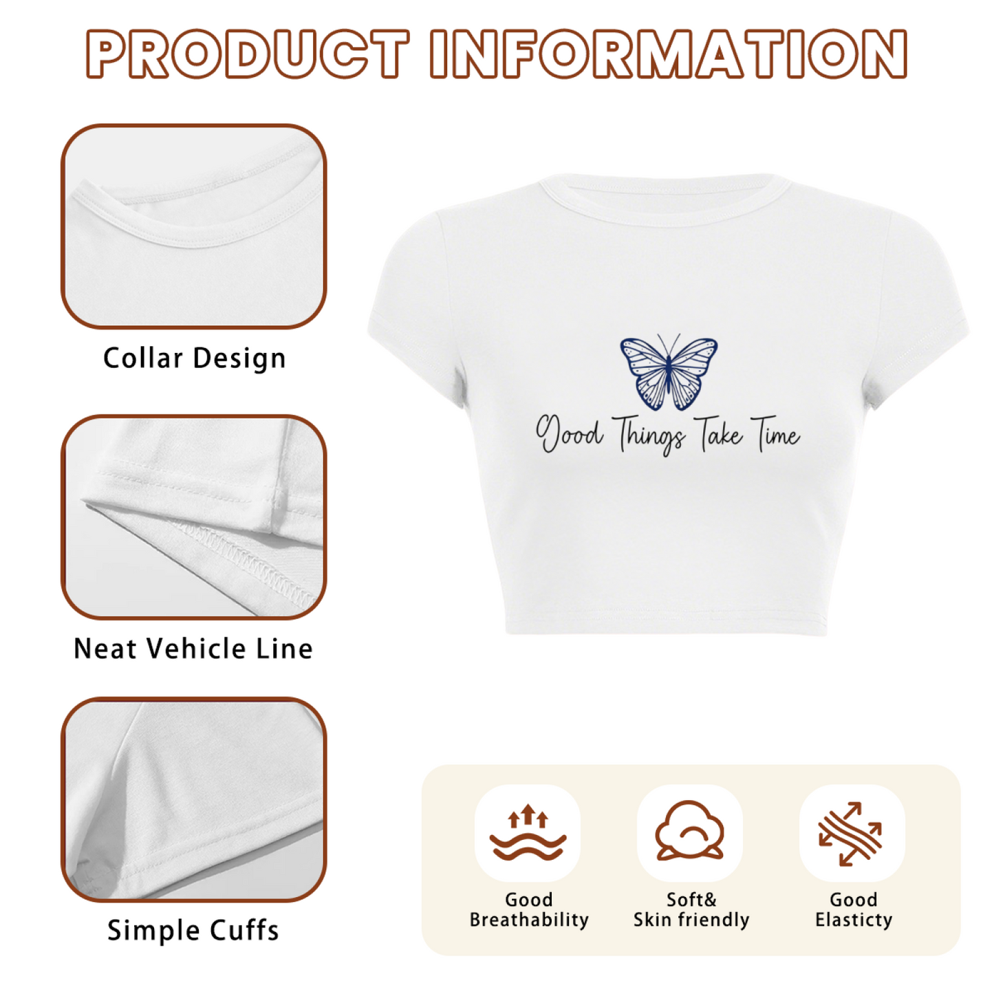 Blue Butterfly Good Things Take Time White Crop Top