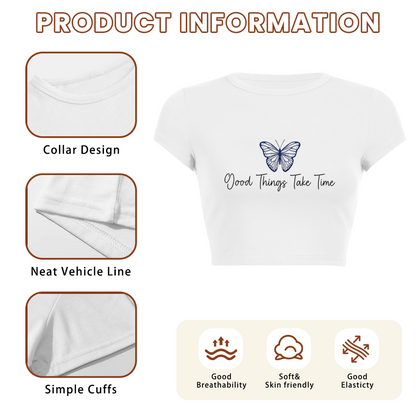 Blue Butterfly Good Things Take Time White Crop Top