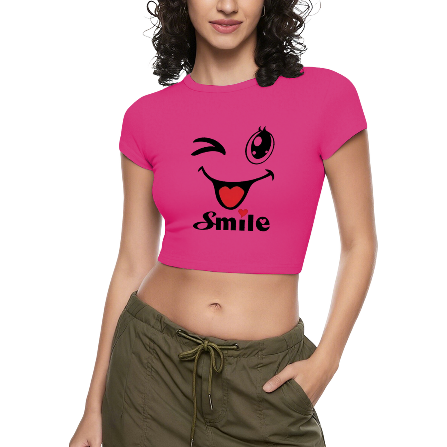 Wink Smile Heart Cute Cartoon Gray Casual Crop Tee
