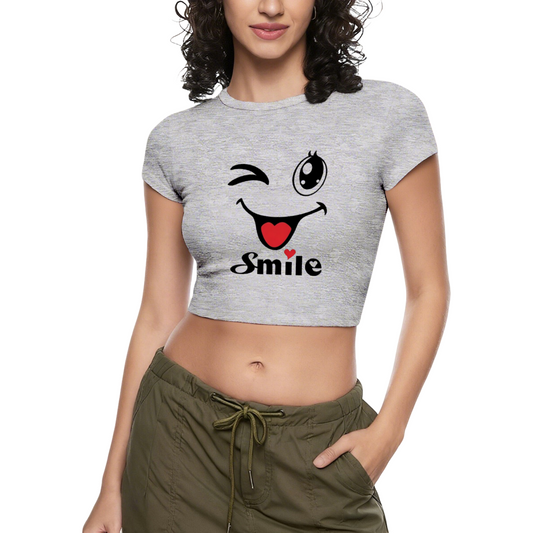 Wink Smile Heart Cute Cartoon Gray Casual Crop Tee