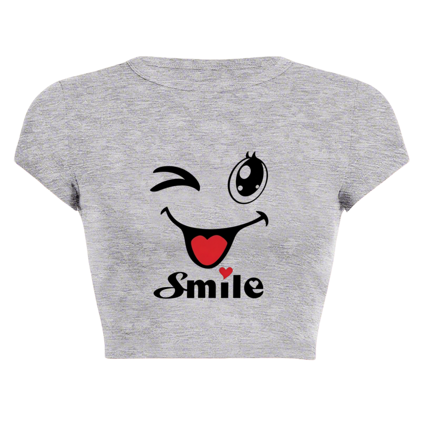 Wink Smile Heart Cute Cartoon Gray Casual Crop Tee