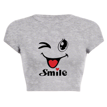 Wink Smile Heart Cute Cartoon Gray Casual Crop Tee