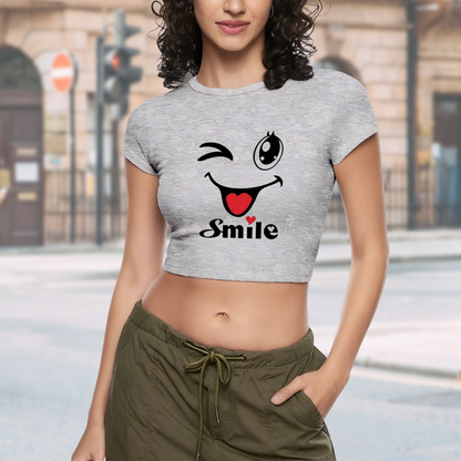 Wink Smile Heart Cute Cartoon Gray Casual Crop Tee