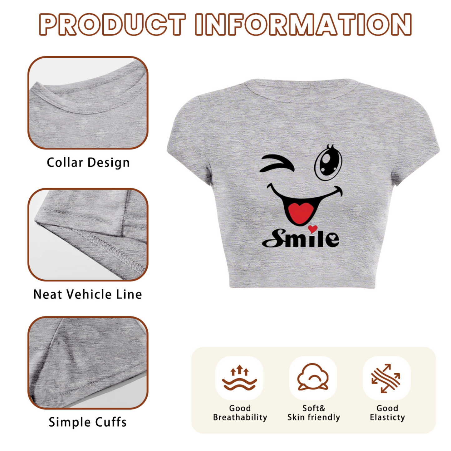 Wink Smile Heart Cute Cartoon Gray Casual Crop Tee