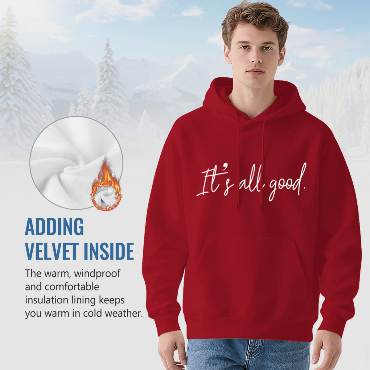 It¡¯s All Good Minimal Script Red Hoodie, Ultra Comfort Relax Fit
