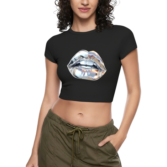 Shiny Chrome Metallic Lips Cool Black Street Crop Top
