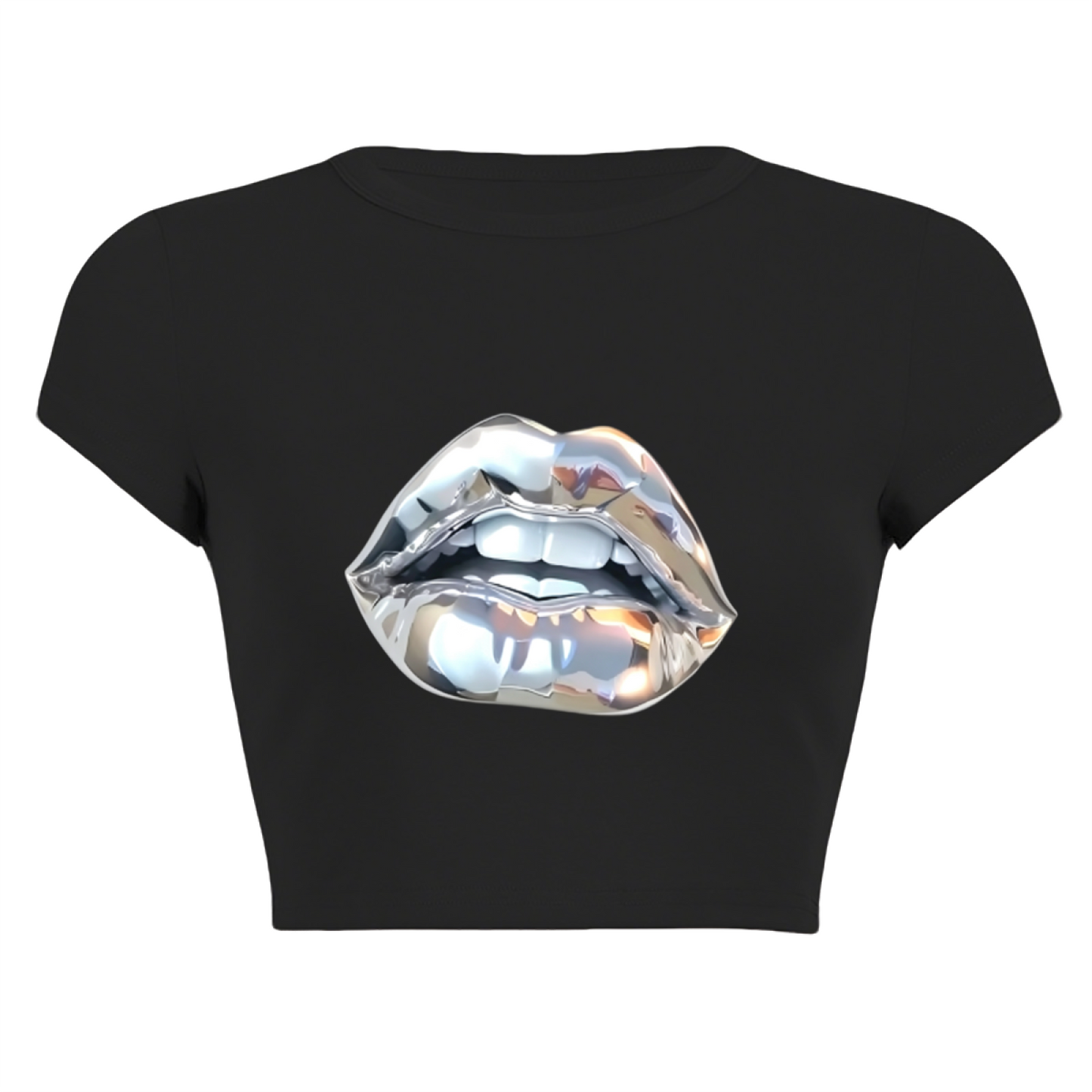 Shiny Chrome Metallic Lips Cool Black Street Crop Top