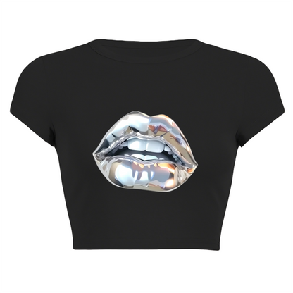 Shiny Chrome Metallic Lips Cool Black Street Crop Top