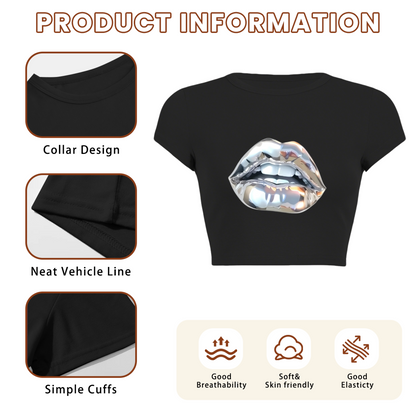 Shiny Chrome Metallic Lips Cool Black Street Crop Top