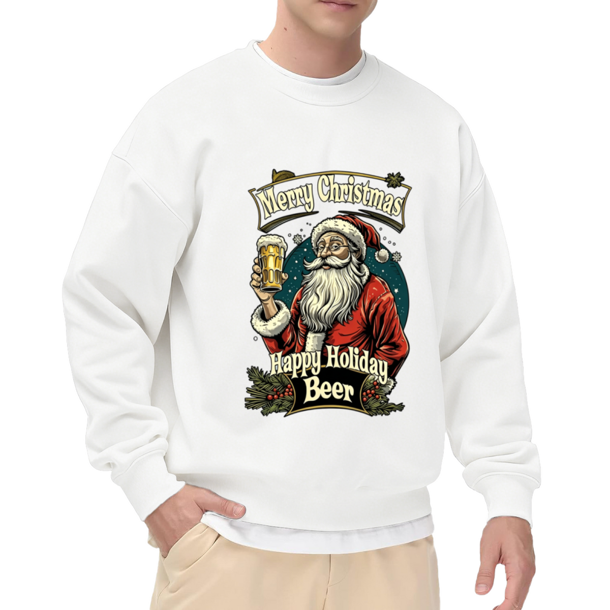 Beer Lover Santa Merry Christmas Retro Crewneck Sweatshirt