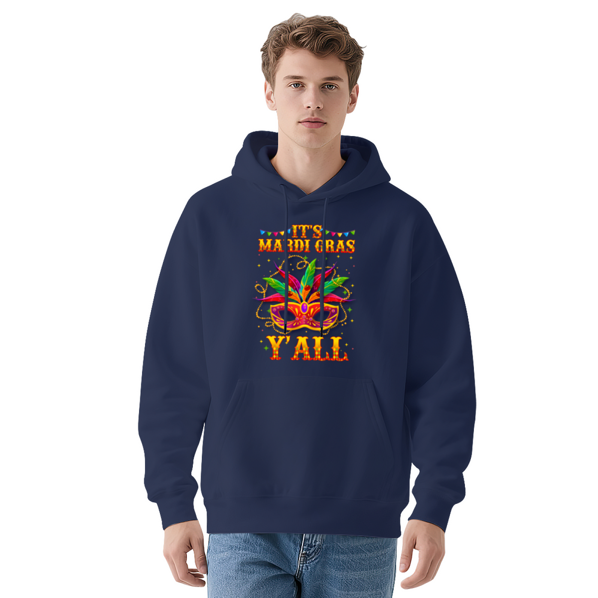 It¡¯s Mardi Gras Y¡¯all Carnival Mask Navy Hoodie, Festival Soft Party Pullover