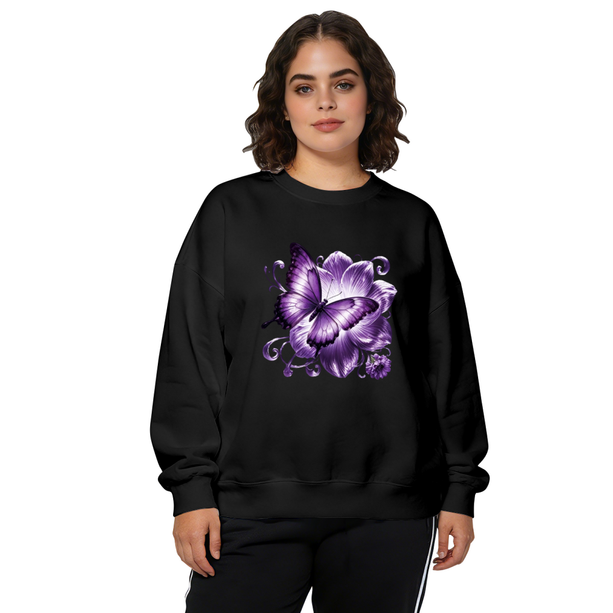 Majestic Purple Butterfly & Big Blooming Flower Crewneck Sweatshirt