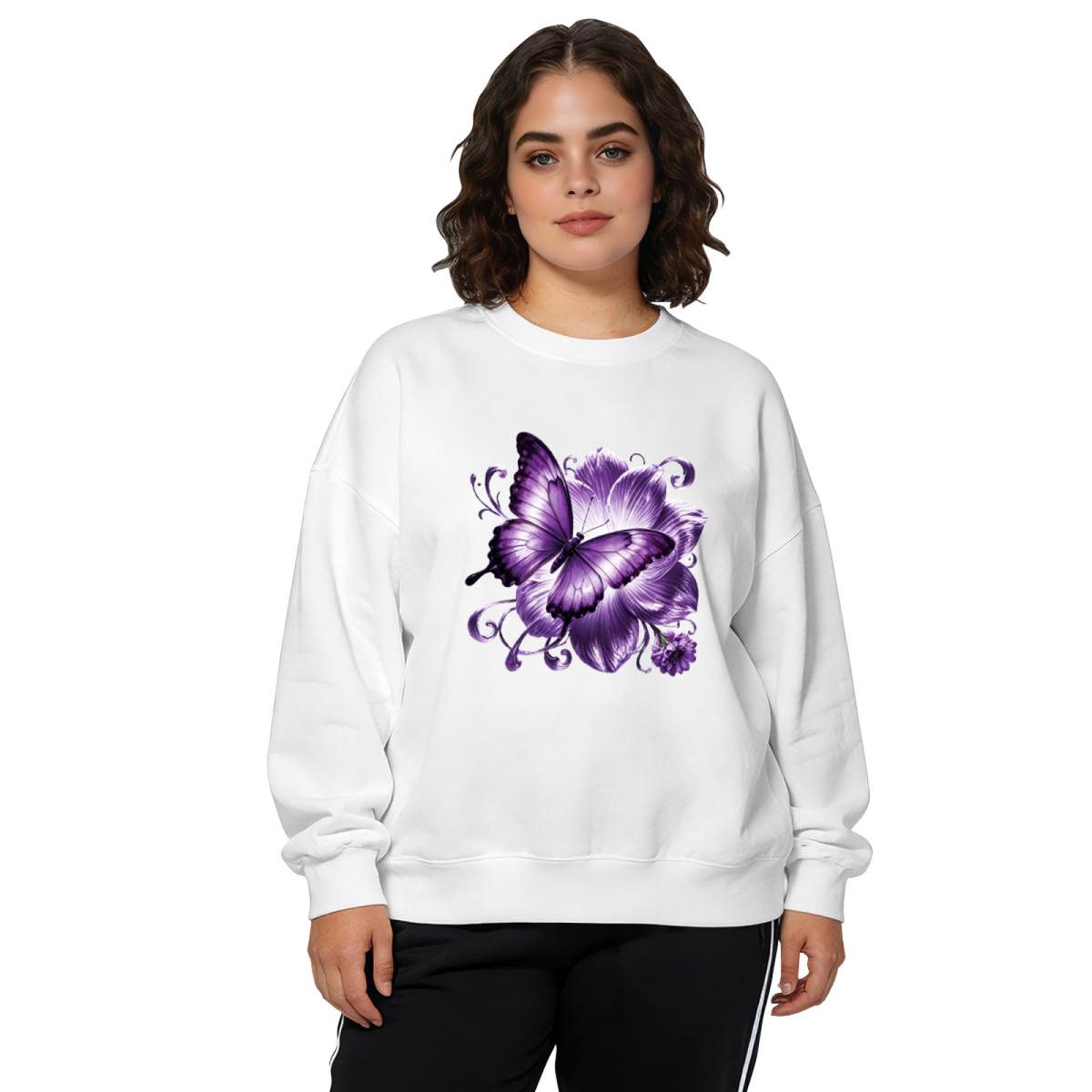 Majestic Purple Butterfly & Big Blooming Flower Crewneck Sweatshirt