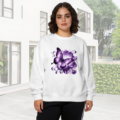 Majestic Purple Butterfly & Big Blooming Flower Crewneck Sweatshirt