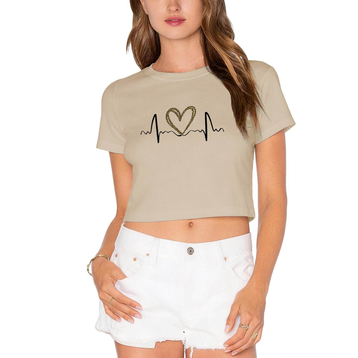 Leopard Print Heart EKG Heartbeat Light Gray Crop Top ¨C Trendy Y2K Casual Women Crop Tee