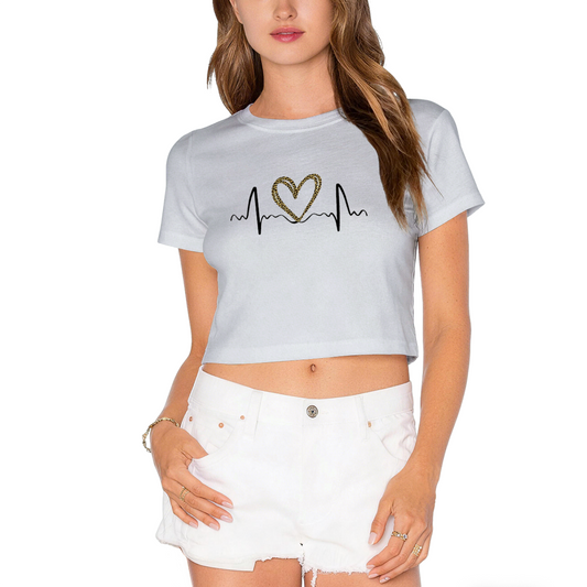 Leopard Print Heart EKG Heartbeat Light Gray Crop Top ¨C Trendy Y2K Casual Women Crop Tee