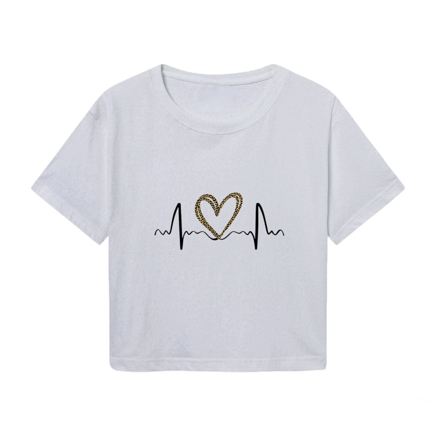 Leopard Print Heart EKG Heartbeat Light Gray Crop Top ¨C Trendy Y2K Casual Women Crop Tee