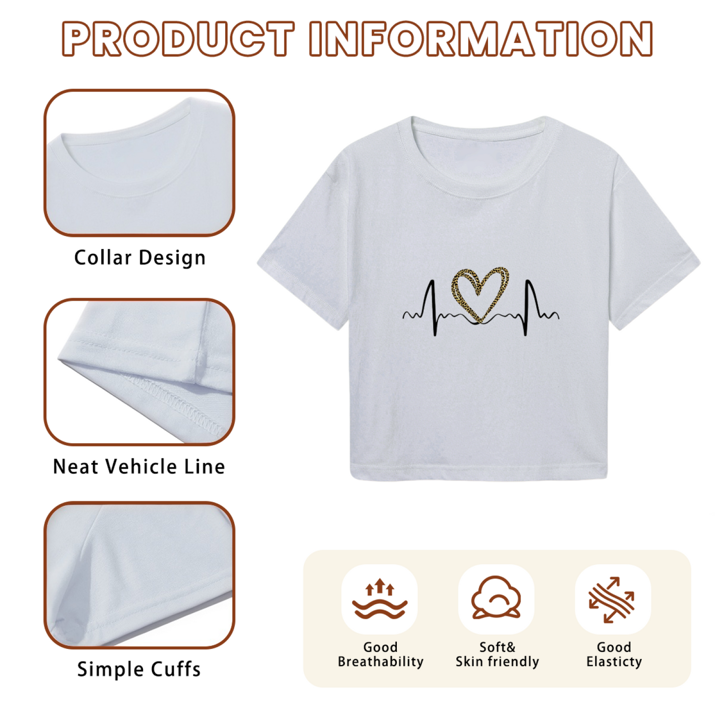 Leopard Print Heart EKG Heartbeat Light Gray Crop Top ¨C Trendy Y2K Casual Women Crop Tee