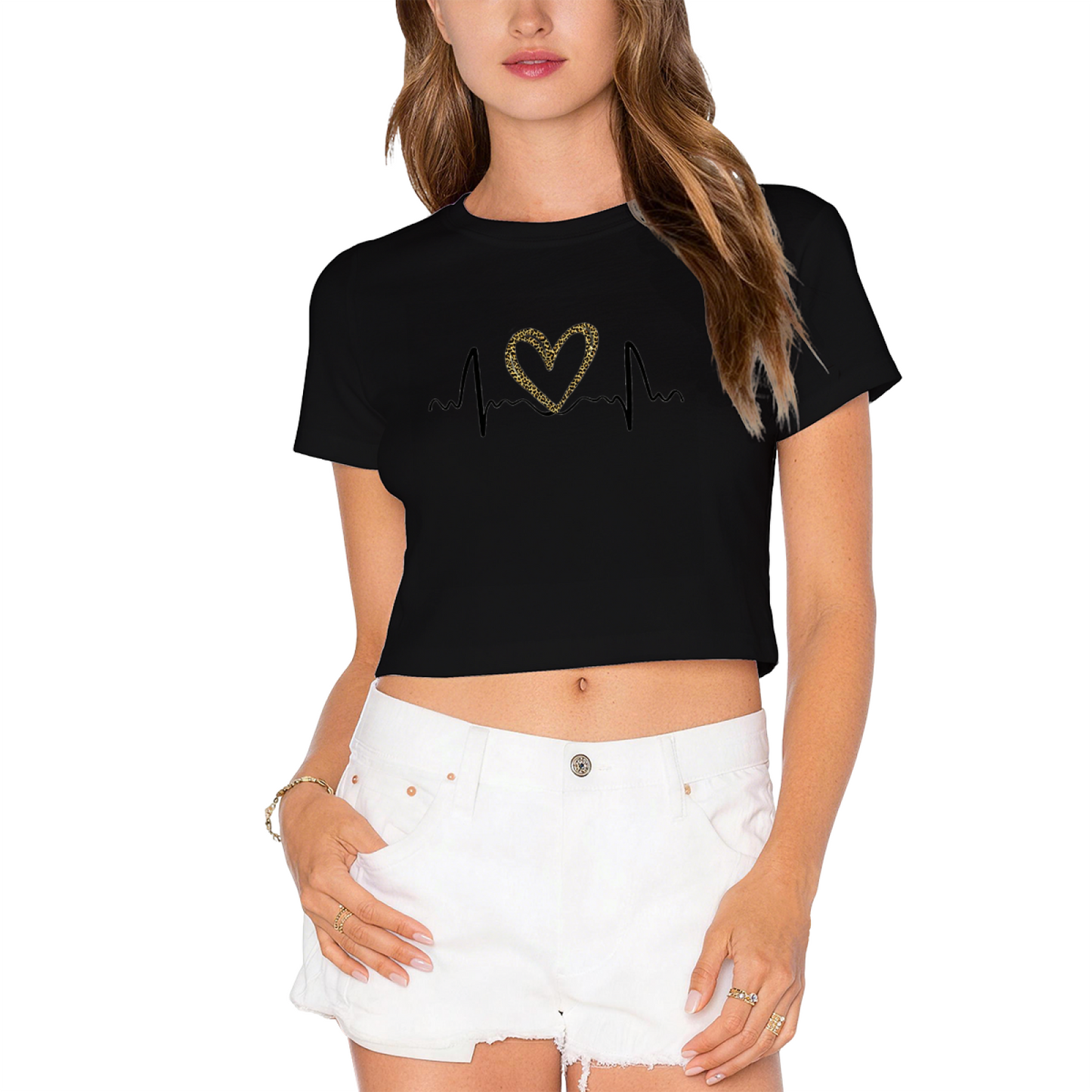 Leopard Print Heart EKG Heartbeat Light Gray Crop Top ¨C Trendy Y2K Casual Women Crop Tee