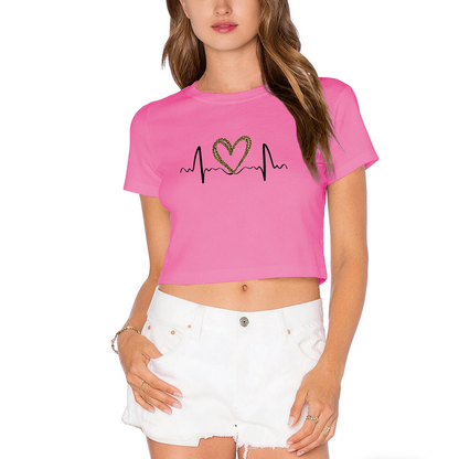 Leopard Print Heart EKG Heartbeat Light Gray Crop Top ¨C Trendy Y2K Casual Women Crop Tee