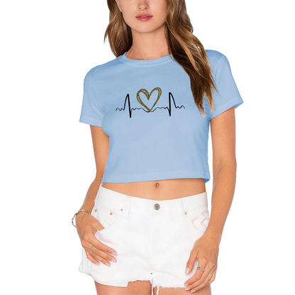 Leopard Print Heart EKG Heartbeat Light Gray Crop Top ¨C Trendy Y2K Casual Women Crop Tee