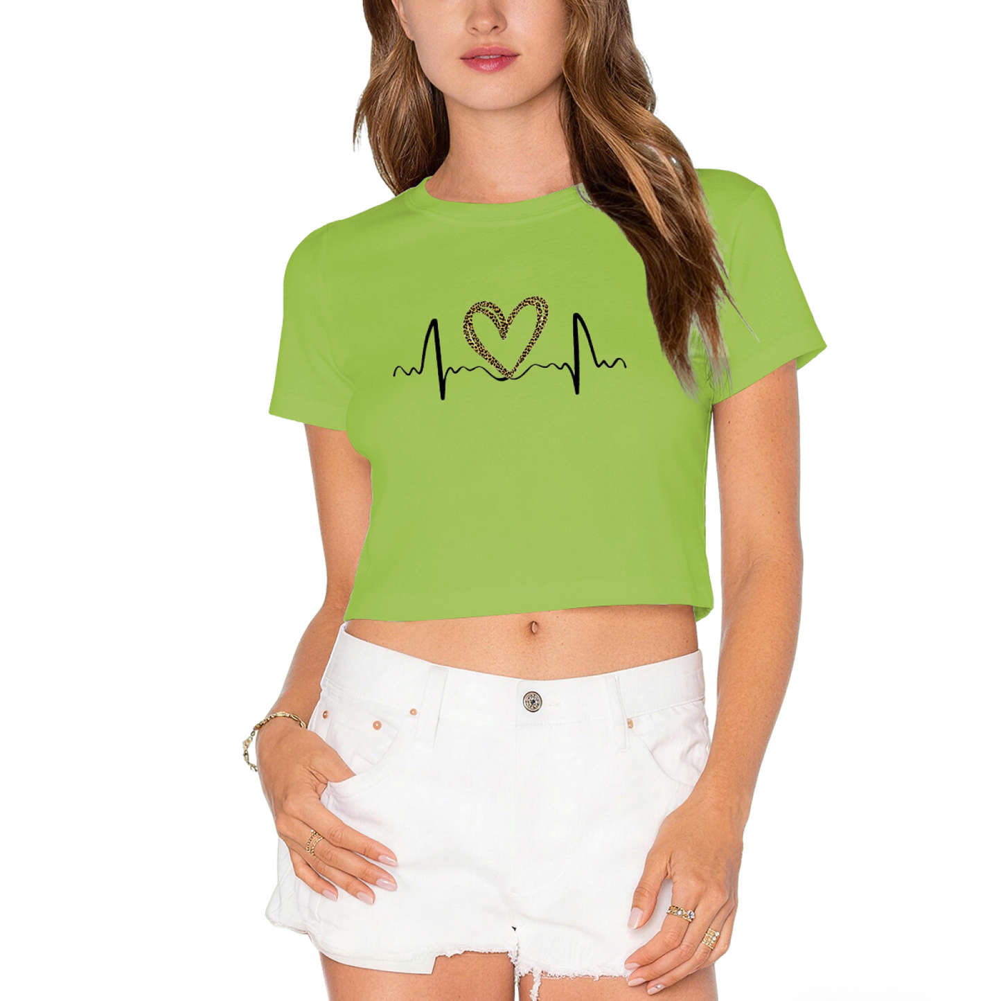 Leopard Print Heart EKG Heartbeat Light Gray Crop Top ¨C Trendy Y2K Casual Women Crop Tee