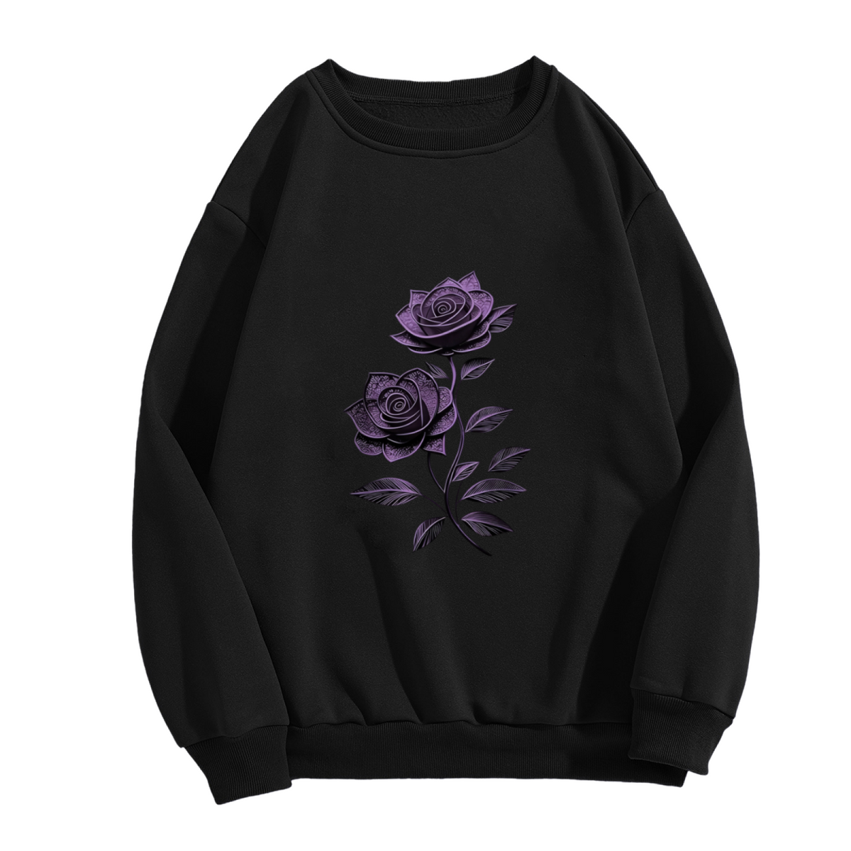 Luxe Glitter Purple Rose Graphic Black Crewneck Sweatshirt
